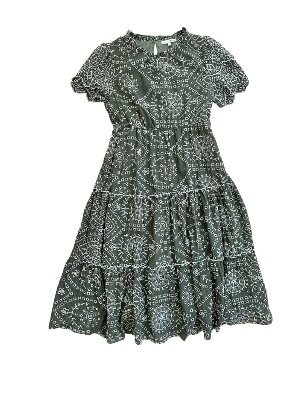 Baltic Born Mirabel Olive Green and White Eyelet Tiered Cotton Midi Dress